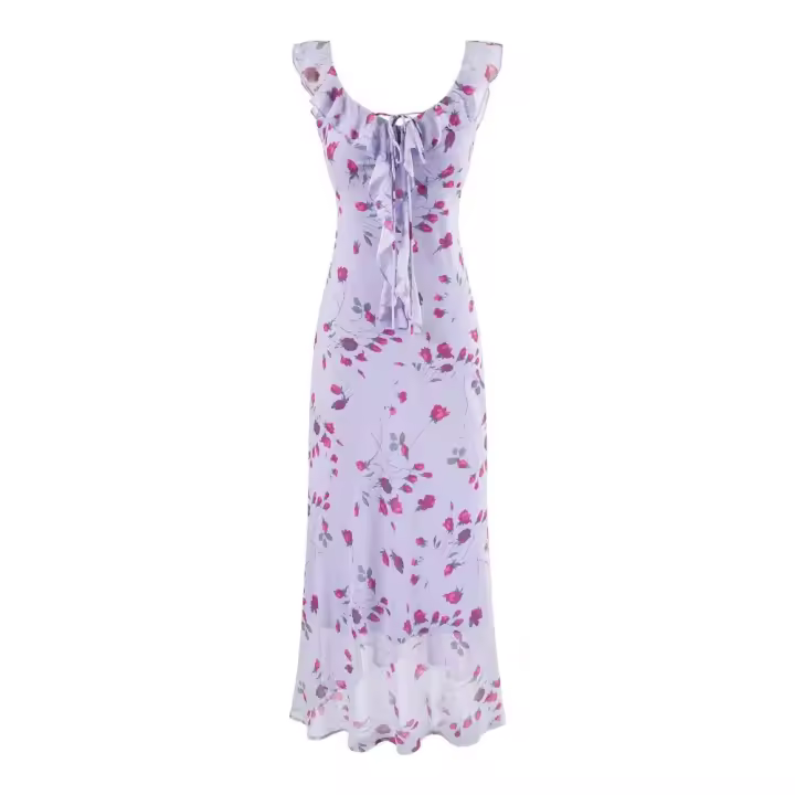Vestido largo de gasa con volantes, cordón y estampado francés estilo retro de verano, entallado, ideal para vacaciones. - 1