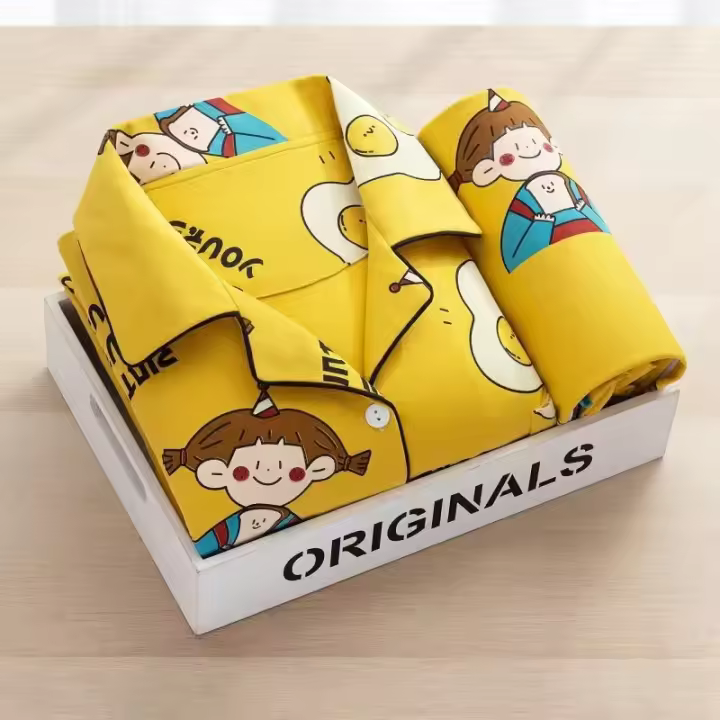 Ropa de Dormir Sexy para Mujer Cardigan con Borla, Ropa de Casa para Estudiantes, Pantalones Grandes de Manga Larga con Estampado de Dibujos Animados de Dos Piezas Conjunto de Pijamas - 1