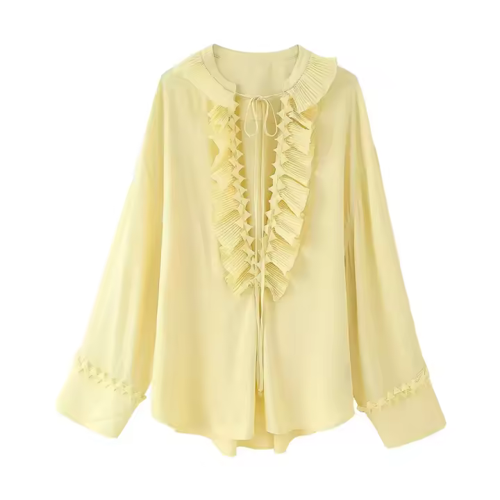Camisa de manga larga con cuello en V, plisada, versátil, sencilla y holgada, moda de verano para mujer 2025 - 1