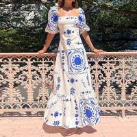 Vestido Maxi de Verano para Mujer Manga Corta, Cuello Cuadrado, Estilo Ple Pleito, Impresión Acolchado, Delgado, Perfecto para Fiestas y Vacaciones - details 2
