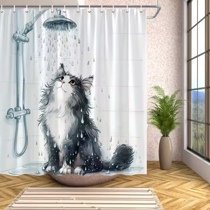 Divertida cortina de ducha con diseño de gato negro, tela de poliéster con diseño de gato adorable, incluye ganchos, decoración de baño divertida - 1