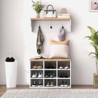 Recibidor con Perchero y Banco Zapatero 2 en 1 Muebles de Entrada con 3 Ganchos y Estantes para 9 Pares de Zapatos 75x30x50 cm y 75x20x22,5 cm Blanco - details 5