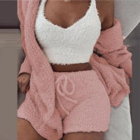 Suéter para mujer, artículos para el hogar, pijama informal de 3 piezas, chaleco de manga larga con ombligo, ribete de pantalones cortos, invierno - details 3