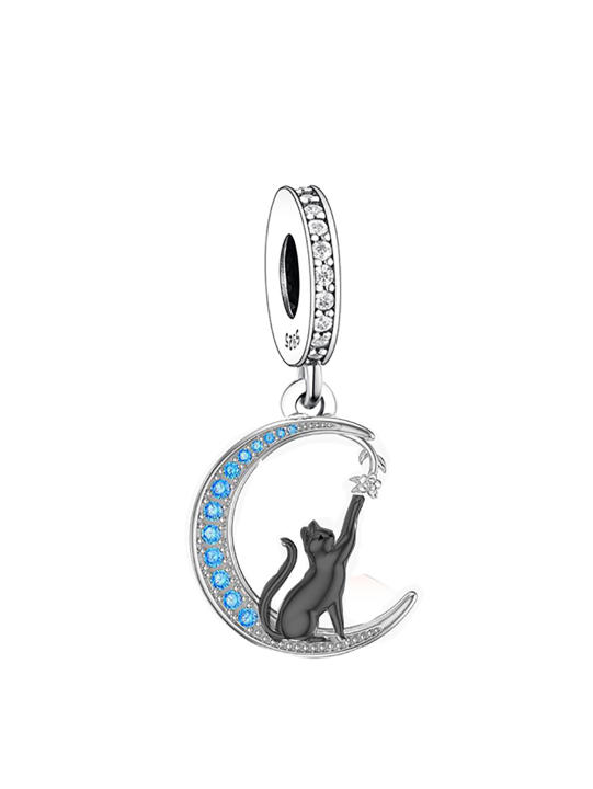 Colgante de Plata de Ley 925 con forma de luna creciente y gato negro, abalorio compatible con Pulsera Original, joyería para mujer