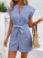 Mono de verano a rayas para mujer, mono de manga corta, pantalones cortos - details 2