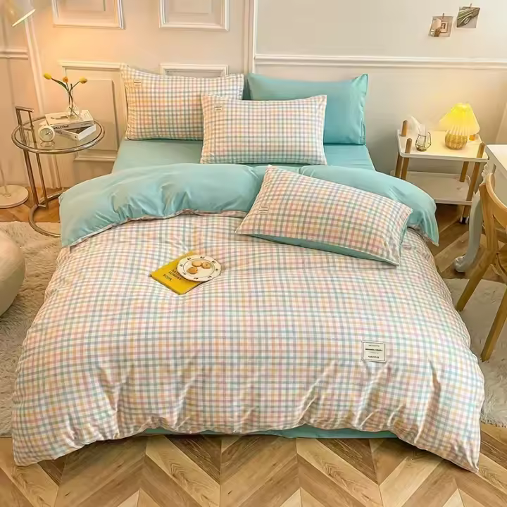 Juego de funda nórdica a cuadros japoneses, sábanas de alta calidad y respetuosas con la piel, juego de cama doble individual. - 1