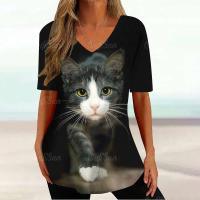 Camiseta Gráfica de Gato Kawaii Manga Corta, Estampado Haruku, Cuello en V, Ropa Suelta para Mujeres - details 24