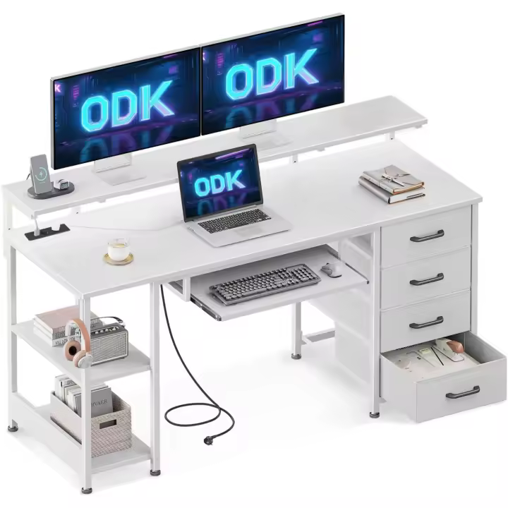 Escritorio de Juegos Ajustable con 4 Cajones Escritorio de Ordenador con Toma de Corriente y Carga USB Blanco, 140x52x92cm - 1