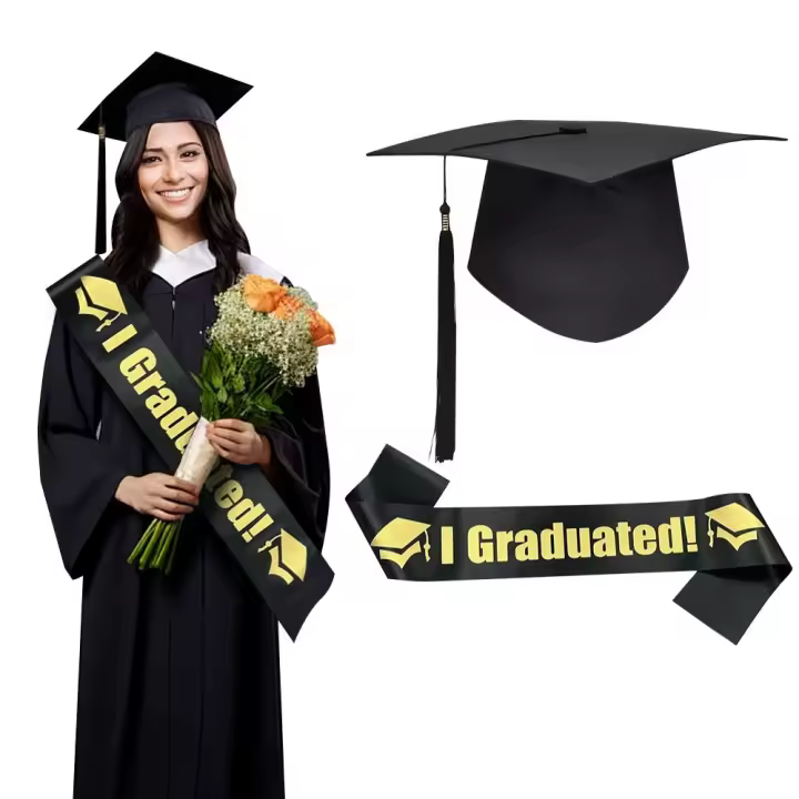 Juego de gorro y faja de graduación ajustables, accesorios para fotos con borlas, sombrero académico y cinturones, plástico elegante, 2 uds. - 1