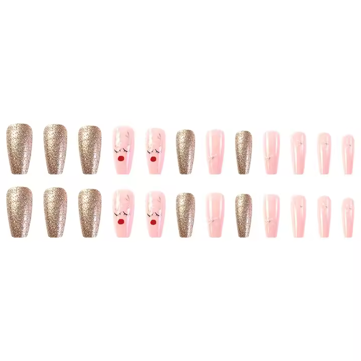 Uñas postizas reutilizables con estampado de alce de Navidad, uñas falsas rosas, decoración DIY, dulce y encantador - 1