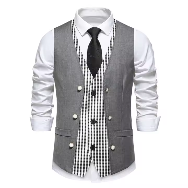 Chaleco de Dos Piezas de Moda para Hombres en Otoño Cuello en V, Tela de Poliéster, Traje a Cuadros de Colorido, Estilo Británico Casual Vintage Gentleman Leisure - 1