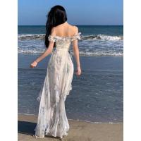 Estilo de vacaciones junto al mar falda con tirantes hilo borde con volantes vestido de playa atmósfera vestido largo elegante ventilador de hadas - details 4