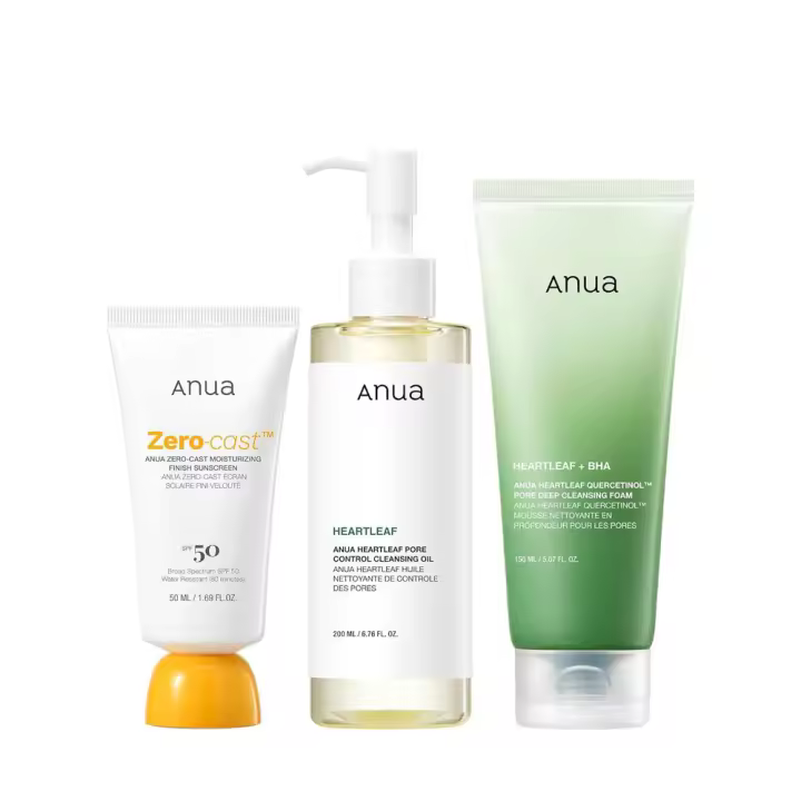 Anua Set trío de cuidado pos-soleado, protector solar con acabado hidratante Foam+ Zero-Cast, aceite limpiador para control de poros Heartleaf, lavado facial, - 1