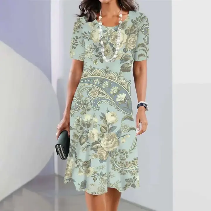 Nuevo vestido Midi elegante con estampado étnico para mujer, vestido de verano de manga corta para mujer, ropa de gran tamaño a la moda - 1