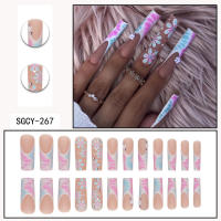 Uñas Postizas Brillantes Con Patrones Franceses Y Mariposas Flores Diamantes Combo De 24 Uñas Largas Coffin Fake Nails - details 1