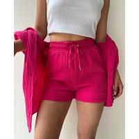 Conjunto de dos piezas para mujer, camisa de manga larga con cuello vuelto de tela arrugada, pantalones cortos con cordón de cintura alta, moda informal de talla grande - details 33
