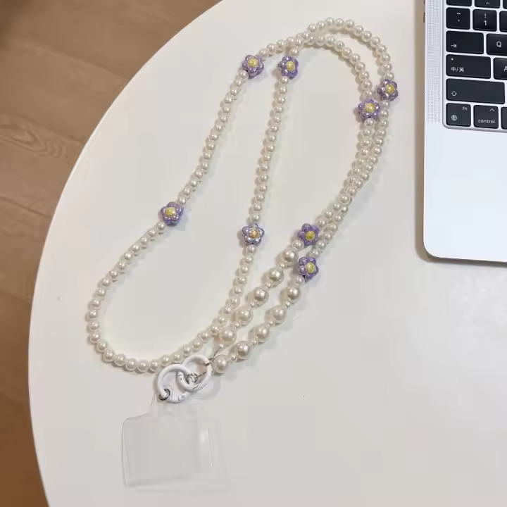 Correa cruzada para teléfono con cuentas de flores, cuerda colgante para bolso, cadena para teléfono móvil, cordón largo antipérdida para teléfono, correas para el cuello - 1