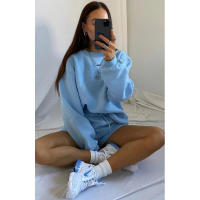Wind Conjunto de pantalones cortos y sudadera con cuello redondo informal holgado de Color puro para mujer - details 50