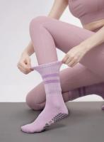 Calcetines de yoga de algodón tipo toalla con rayas de punto de silicona antideslizantes para mujer, cálidos, para pilates, con agarre, tipo tripulación. - details 3