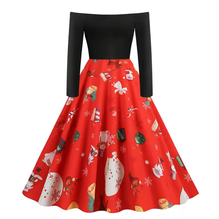 2025 nuevo vestido de manga larga con estampado de ciervos rojos y un hombro para mujer - 1
