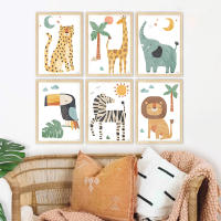 Póster de dibujos animados de animales de la selva, león, elefante, decoración nórdica para habitación de niños, pintura en lienzo para dormitorio de bebé, decoración artística de pared para guardería - details 2