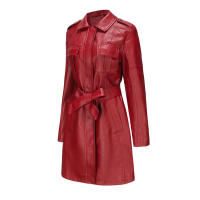 Gabardina cortavientos de piel sintética para mujer, chaquetas con cinturón, abrigo largo medio - details 45