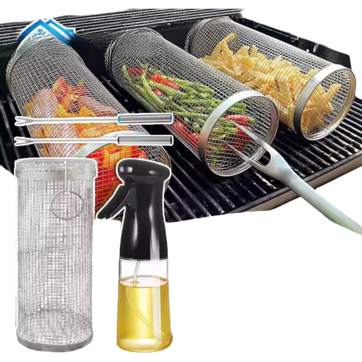 Parrilla cilíndrica de acero inoxidable para barbacoa, cesta de malla portátil para acampar al aire libre, parrilla rodante - 1