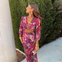 2025 Vestido de verano para mujer, azul, estampado, cuello en V, ceñido, ceñido a la cadera, manga corta - details 8