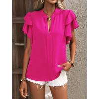 Jersey Elegante De Color Rojo Rosa Para Mujer, Blusa Informal Con Cuello En V Y Mangas Con Volantes De Doble Capa, Top De Color Sólido - details 20