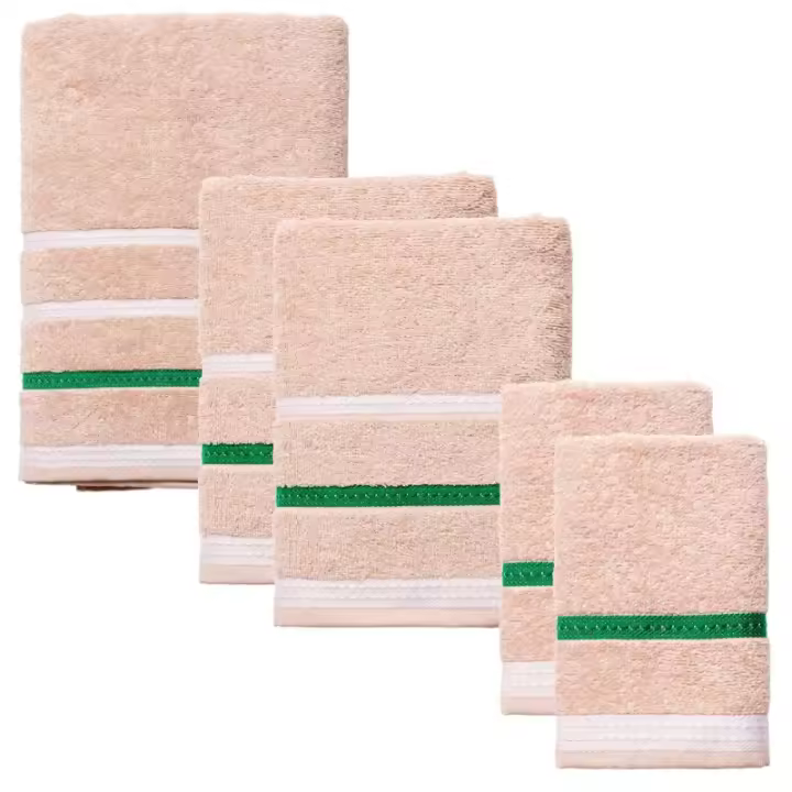 2x Toalla Tocador + 2x Toalla Manos + Toalla Baño de 450GSM 100% Algodón en Beige / Azul oscuro a rayas - 1