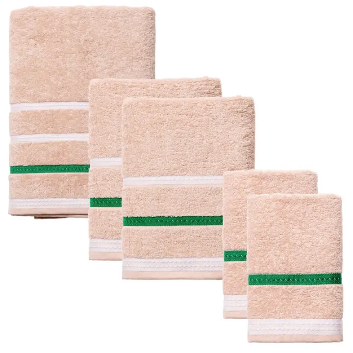 2x Toalla Tocador + 2x Toalla Manos + Toalla Baño de 450GSM 100% Algodón en Beige / Azul oscuro a rayas - 1