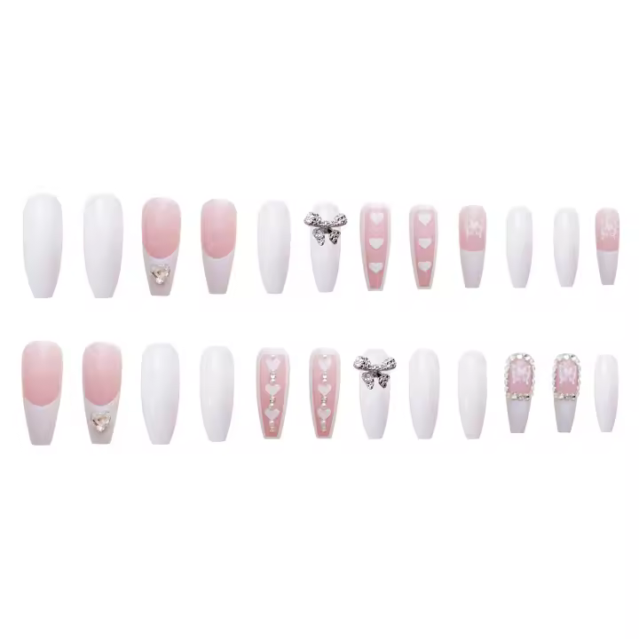Uñas postizas de 24 piezas, rosa y blanco, para fiestas, Halloween, Navidad, graduación - 1