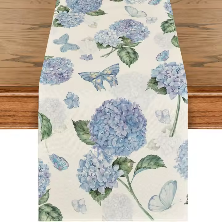 Camino de mesa de lino con estampado de flores para decoración del hogar, mantel reutilizable con estampado de limón azul, hortensia púrpura Vintage, granja - 1