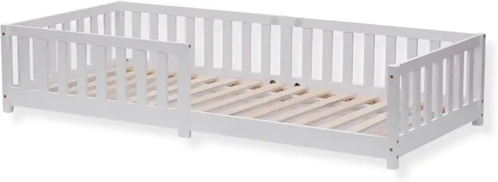 Cama Infantil Montessori Protección Antipersonas, 90 x 200cm, Color Blanco, Cama de Madera Maciza de Pino - 1