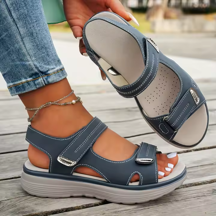 Sandalias Mary Jane elegantes para mujer - Correa ajustable en el tobillo con gancho y bucle, cubierta superior de PU transpirable y plantilla acolchada, cómodo tacón de cuña para playa de verano, uso informal y al aire libre - Diseño de color sólido, cal - 1