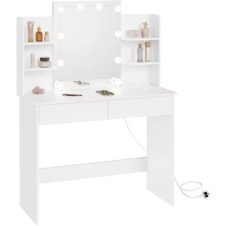 Tocador Maquillaje con Luz y Espejo, LED Ajustable, Mesa Tocador con Regleta de Enchufes, 2 Cajones y 4 Estantes, Tocador Blanco, 90x40x135 cm - 1