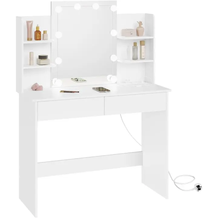 Tocador Maquillaje con Luz y Espejo, LED Ajustable, Mesa Tocador con Regleta de Enchufes, 2 Cajones y 4 Estantes, Tocador Blanco, 90x40x135 cm - 1