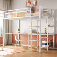 Cama alta de metal, 90*200 cm (sin colchón), escalera de seguridad con peldaños, cama individual, cama infantil con mesa y estantes, valla de seguridad de malla metálica, blanco - details 1