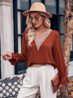 Blusa de retazos de encaje hueco para mujer, elegante camisa de manga larga para oficina, Tops elegantes sólidos sueltos, ropa de moda de otoño - details 12