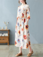 Vestidos de algodón de manga corta vintage floral nuevo en vestidos para mujer casual suelto largo vestido de verano ropa elegante 2025 - details 4