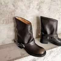 Botas de entresuela de piel de vaca de invierno 2024, botas occidentales de mujer con tacón de bloque de 4,5 cm de cuero suelto - details 4