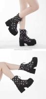 Dropshipping Logo lona negra tacón grueso gótico talla grande con cordones cremallera lateral para mujer, botines - details 6