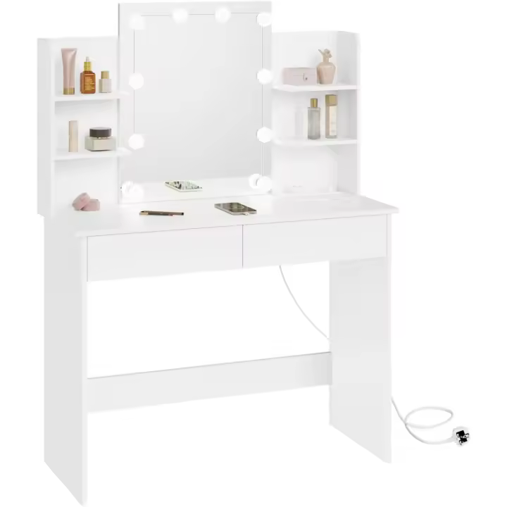 Espejo LED Ajustable Mesa Tocador con Regleta Enchufes 2 Cajones y 4 Estantes Tocador 90x40x135 cm - 1