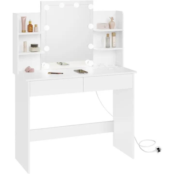 Espejo LED Ajustable Mesa Tocador con Regleta Enchufes 2 Cajones y 4 Estantes Tocador 90x40x135 cm - 1
