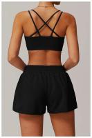 Yoga mujeres Fiess correr ciclismo transpirable deportes cintura alta entrenamiento gimnasio pantalones cortos bolsillo falso dos piezas - details 15