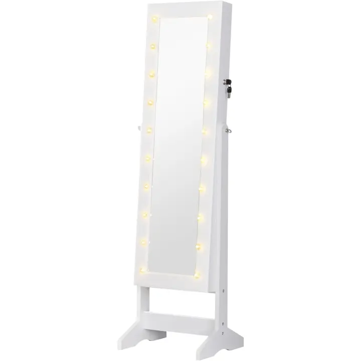 Espejo Joyero con 20 Luces LED Armario Joyero Reclinable con Guardajoyas Anillos Pendientes Collares Cerradura y Llaves 40x37x146 cm Blanco - 1
