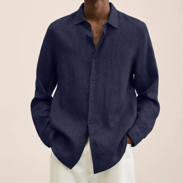 Camisas de algodón para hombre de primavera y otoño, o con botones sueltos y cuello en V de manga larga. - 1