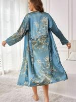 Conjunto de traje casual floral de satén de seda, bata con cinturilla, pijama, conjunto de ropa de dormir de dos piezas para todas las estaciones - details 23