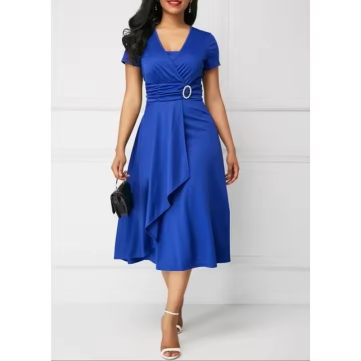Elegante Vestido de Verano para Mujer Color Sólido, Manga Corta, Cuello en V, Cintura Ajustada, Dobladillo Asimétrico - 1