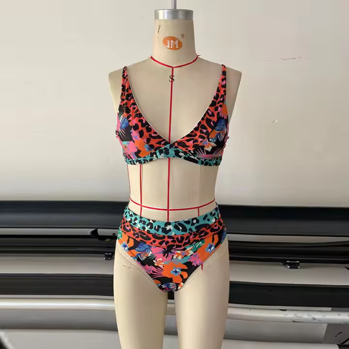 Conjunto de bikini con estampado floral y leopardo, traje de baño de mujer con cuello alto y cuello en V, 2 piezas - 1